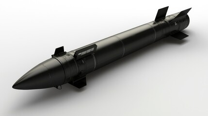 A black missile with fins on the tail and a pointed nose, isolated on a white background.