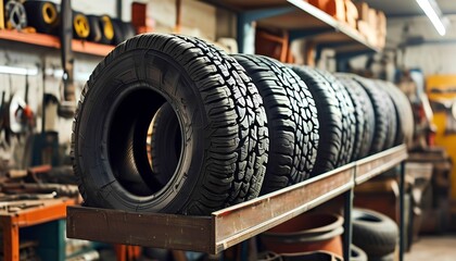 Obraz premium Set of winter tires in a garage, vehicle preparation for winter driving