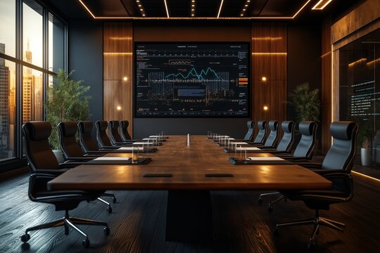 Modern boardroom featuring a wall-sized monitor displaying financial data