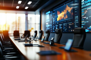 Modern corporate meeting room displaying financial data on large screen