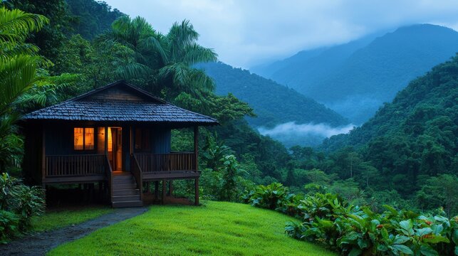 Cozy wooden cabin nestled in lush mountains under a blue misty sky.