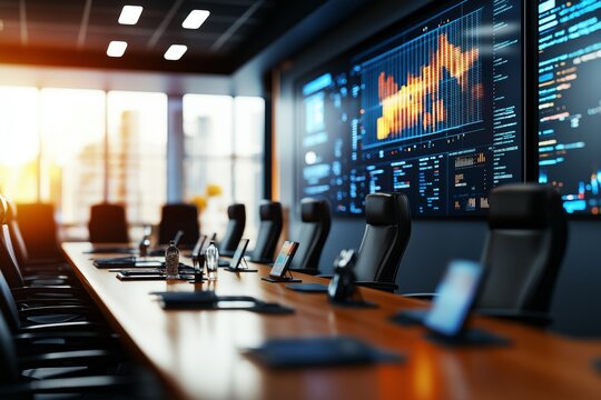 Modern corporate meeting room displaying financial data on large screen
