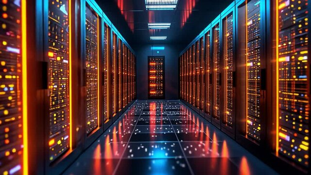 A data center features rows of servers glowing with neon lights, highlighting the intricate technology and design involved in modern computing.