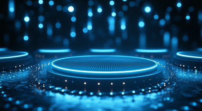 Neon 3D podium with blue backlight and bokeh effect. Background for sales week, black Friday or cyber Monday. World Shopping Day.