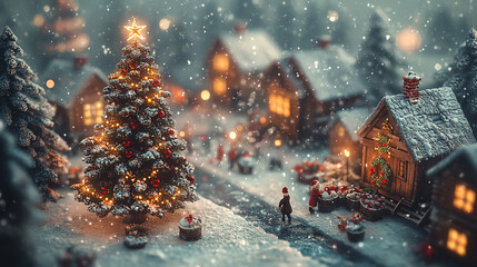 Fototapeta premium christmas, season, miniature, snowy country, christmas tree, christmas decoration, village, gift, greeting, candle, design, art, soft light, holy night, celebration, new year, winter, snow, xmas