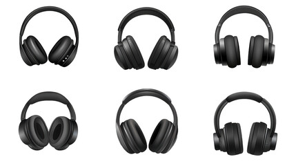 Various black wireless headphones displayed on a transparent background showcasing different angles...