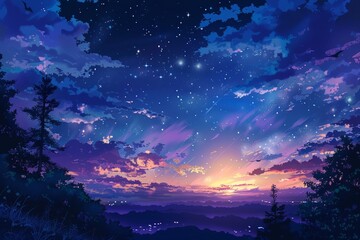 Starry Night over the Mountains. Anime Illustration Style.