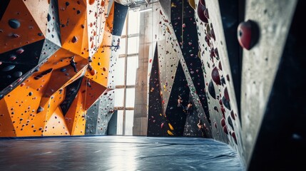 An energetic rock climbing gym with climbing equipment and challenging walls, Climbing enthusiasts tackling vertical ascents in an indoor setting, Adventure sport style