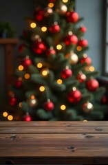 Wooden table for product presentation, against a background of Christmas decorations