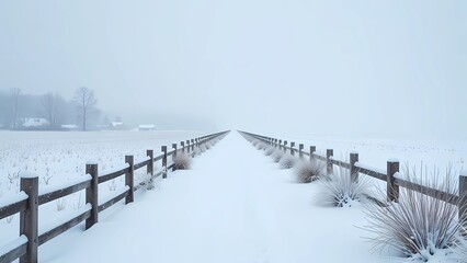 A wooden fence leading into a snowy field with a large empty white area