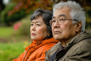Fototapeta premium Senior Asian Couple Sitting Together in Park: Portrait of Active Retired Seniors Enjoying Outdoors