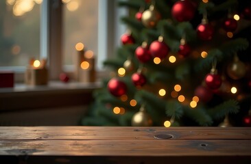 Wooden table for product presentation, against a background of Christmas decorations