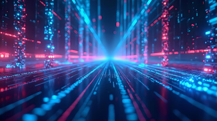 Fototapeta premium abstract background with lights data tracking data transfer blue pink neon glowing lights, high bandwidth transaction scanning. 