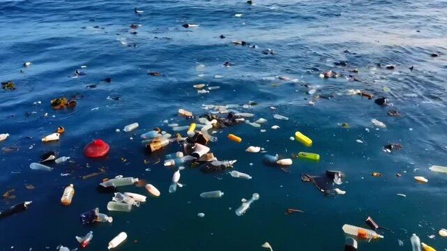 Marine Pollution Plastic Waste in Ocean chock-full of floating trash, underscoring the pressing issue of water pollution
