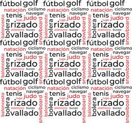 Plantilla de nube de palabras sobre deporte en español. Fondo vectorial conceptual