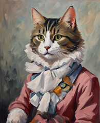 A regal cat dressed in period costume, featuring a ruffled collar and a sophisticated pose, set against a softly painted background.