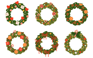 Set of Christmas wreath with decorations, berries, dried fruits, bows, garland, candy canes, pine cone. Winter floral collection. Vector flat illustration of winter holiday isolated on white 