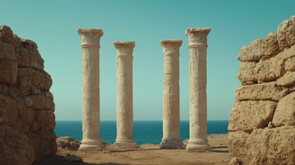 Fototapeta premium Ancient columns by the sea, blue sky, historic ruins.