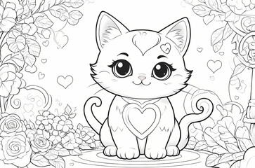 Obraz premium Cute Kawaii Cat with Hearts Coloring Book Page
