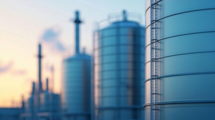 Obraz premium Modern industrial storage tanks illuminated by sunset, showcasing advanced design and technology in an urban setting.