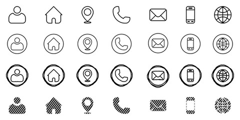 line, flat, circle, and doodle business card information name, address, location, home number, mobile, message and email id icons with white background