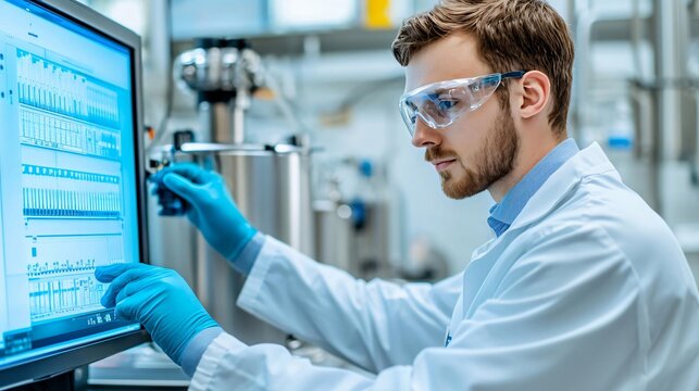 Scientist working in a laboratory, analyzing data on a computer screen while wearing safety gear and gloves.
