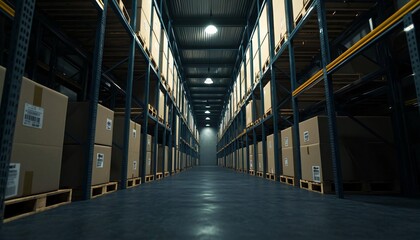 Spacious warehouse interior with rows of stacked boxes, showcasing organized storage and industrial lighting for efficient logistics.