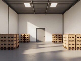 Spacious warehouse interior with wooden pallets stacked and natural light illuminating the clean, empty floor space.