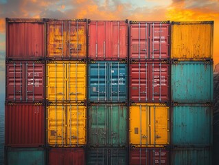 Fototapeta premium colorful shipping containers stacked neatly, reflecting the logistics and transport industry, showcasing an organized yet vibrant scene of international trade