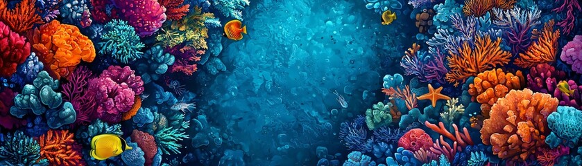 Vibrant coral reef scene showcasing colorful corals, rich textures, and diverse marine life in crystal-clear waters.