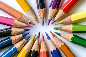Naklejka premium A colorful array of pencils arranged in a perfect circle on a white background, with each pencil's tip pointing toward the center. 