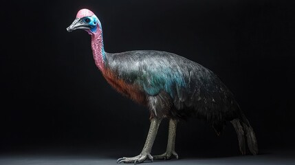 A cassowary, a large flightless bird native to New Guinea and northeastern Australia, stands against a black background.