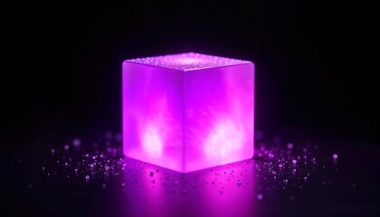 Glowing purple cube on a dark background, emitting mystical light and surrounded by scattered particles.