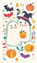 Fototapeta premium Two happy ghosts trick or treating with pumpkins and bats