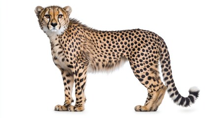 A cheetah standing on a white background, looking at the camera.