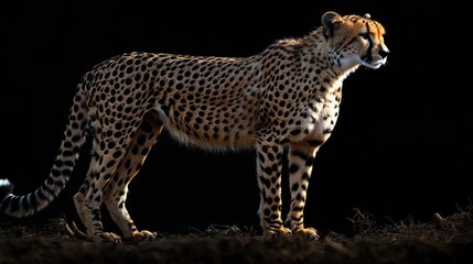 Naklejka premium A cheetah stands in profile against a dark background, its fur highlighted by the sun.