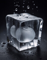 Close-up of an ice cube on a black surface, surrounded by small droplets of water. 