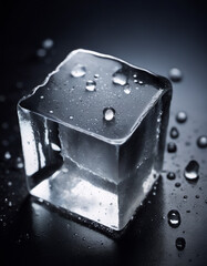 Close-up of an ice cube on a black surface, surrounded by small droplets of water. 