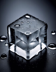 Close-up of an ice cube on a black surface, surrounded by small droplets of water. 