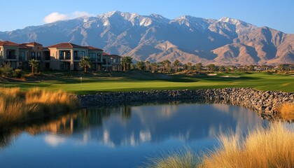 Fototapeta premium Scenic golf course with mountains and water reflections in the background