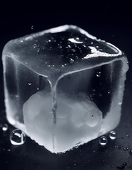Close-up of an ice cube on a black surface, surrounded by small droplets of water. 