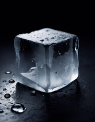 Close-up of an ice cube on a black surface, surrounded by small droplets of water. 