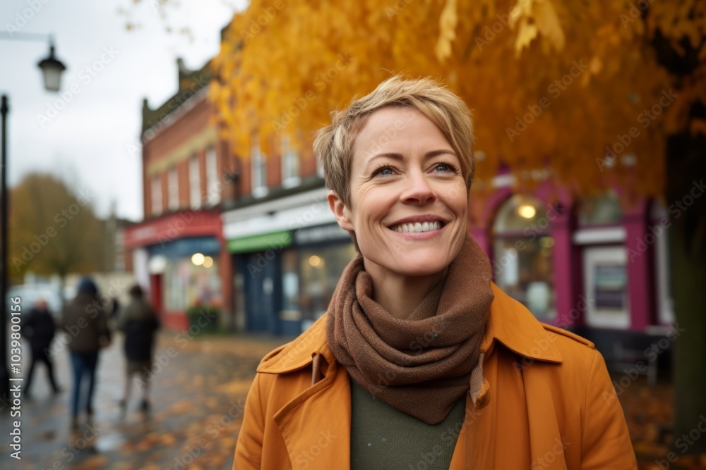 Sticker Portrait of a beautiful woman in a yellow coat on a background of autumn street