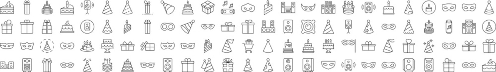 Party Line Icon Bundle. Modern Collection for Design, Web Sites, Apps, Cards. Contains Linear Images of Musical Center, Cake, Masquerade Mask, Gift, Present