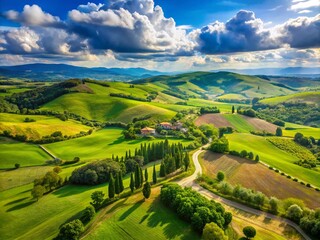 Obraz premium Aerial Flight Over Lush Green Fields of Tuscany with Blue Sky and Clouds