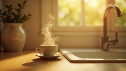 Obraz premium A Serene Breakfast Scene with Steaming Coffee and a Sparkling Sink Inviting the Morning Light
