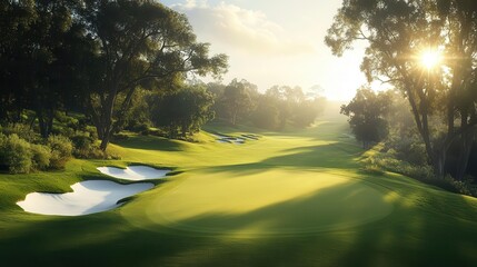 A golf course with a green nestled between rolling hills, sunlight streaming through the trees, sand bunkers nearby, ultradetailed and scenic golfing environment
