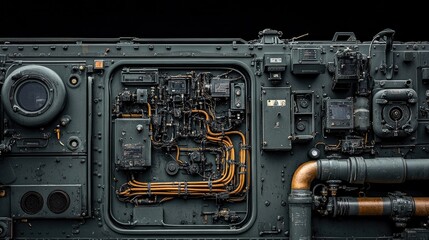 Fototapeta premium A close-up of a complex machinery panel with wires, pipes, and switches.