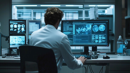 Fototapeta premium A futuristic digital interface displays a human skeleton and brain scans in a high-tech laboratory.