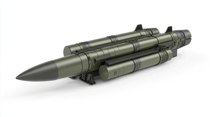 A close-up of a green missile with a pointed nose and booster rockets attached.